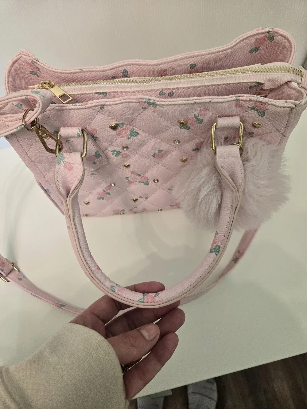 Under One Sky Pink Purse, Crossbody Straps, Pompom, Roses And Hearts, Quilted